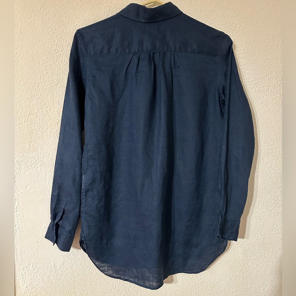 Uniqlo Pullover Shirt Women Navy 100% Linen Collar Button Up Long Sleeve Size XS - Picture 3 of 6